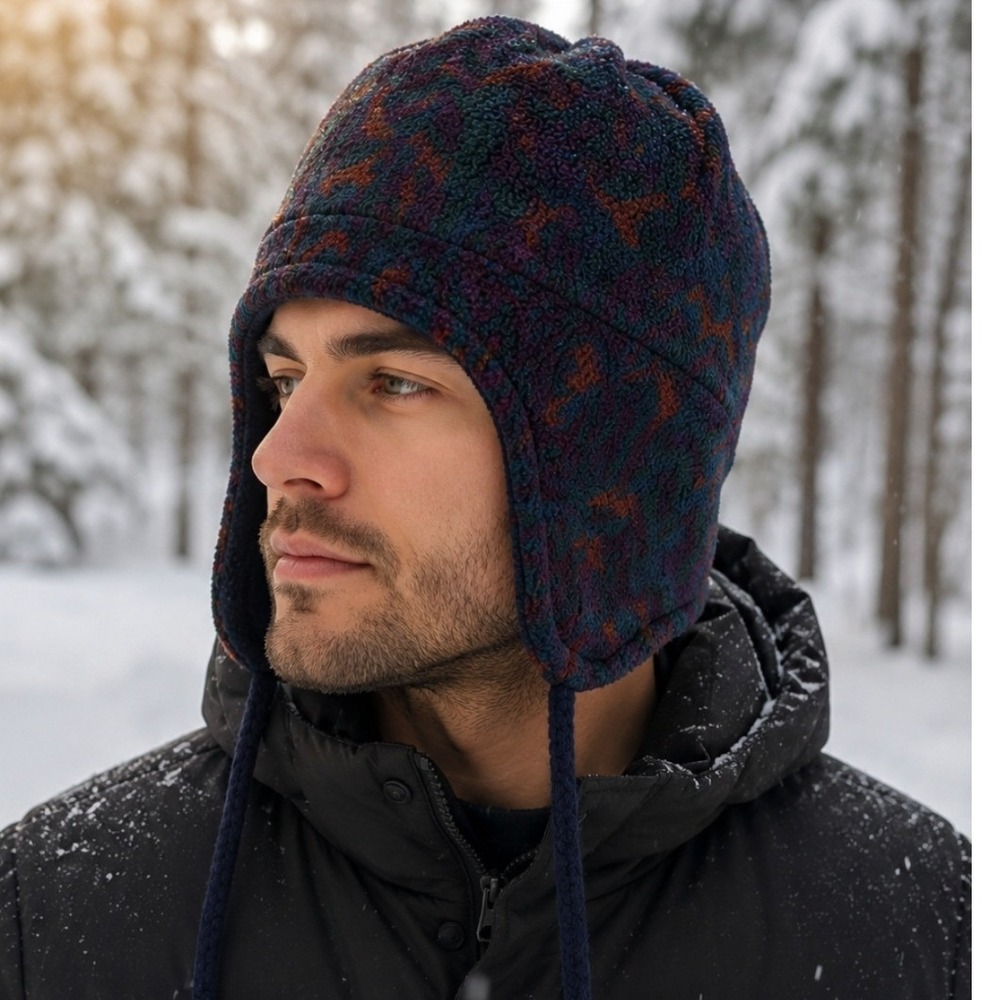 Vintage EMS Polartec Fleece Ear Flap Trapper Hat 90s Retro Colorful Gorpcore Cap